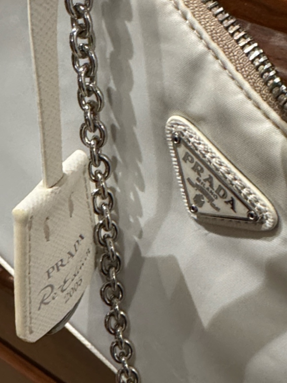 Prada  style Cream Nylon Shoulder Bag with Beige Webbing Strap - Picture 3 of 7